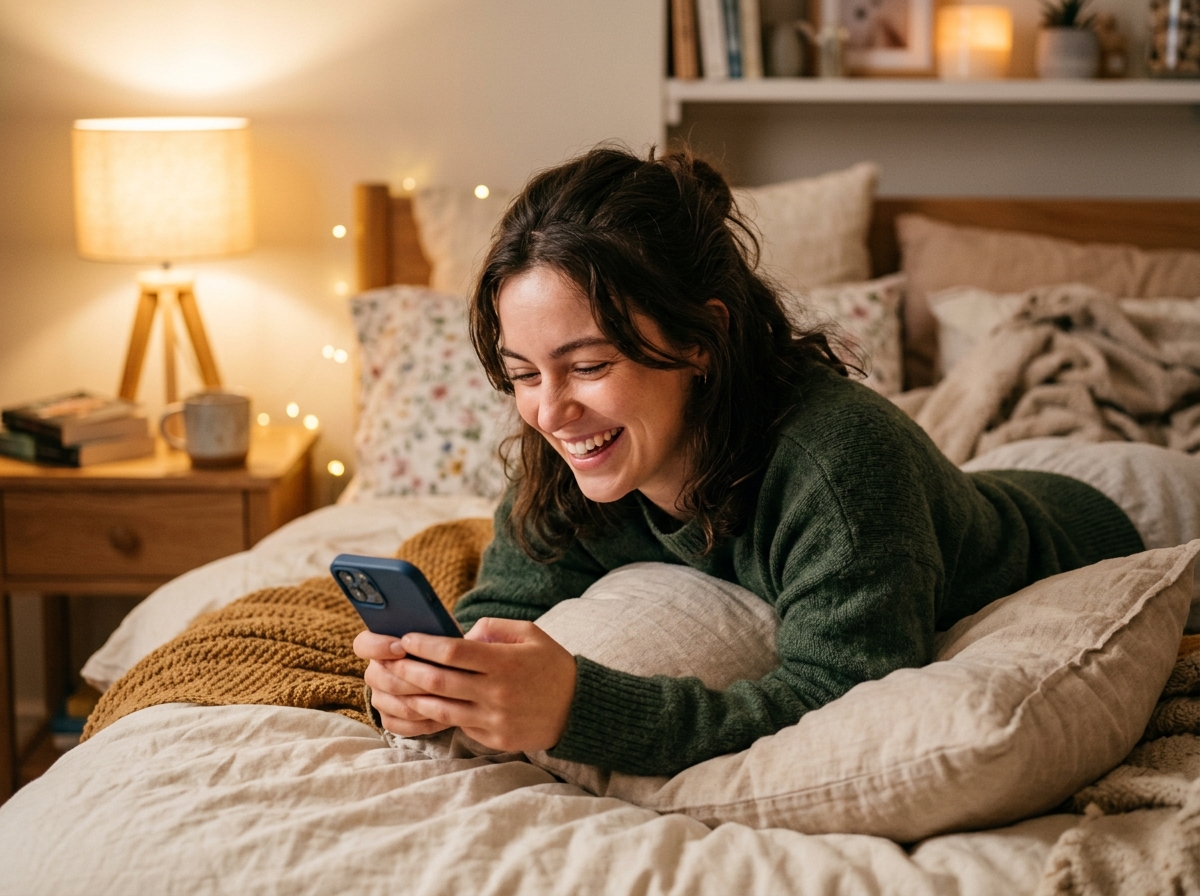 Woman texting and smiling, maintaining a long distance relationship
