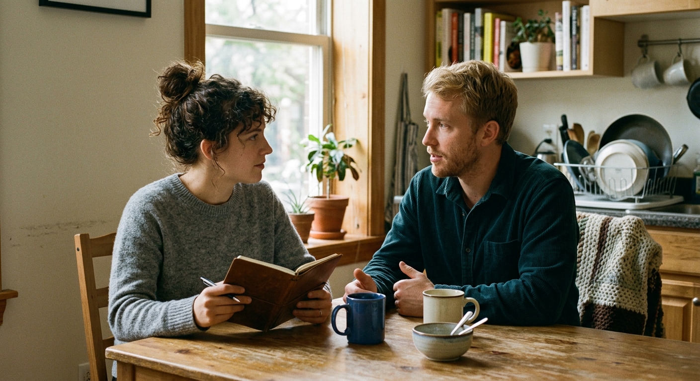 Couple having a pre-engagement checklist conversation over coffee at home