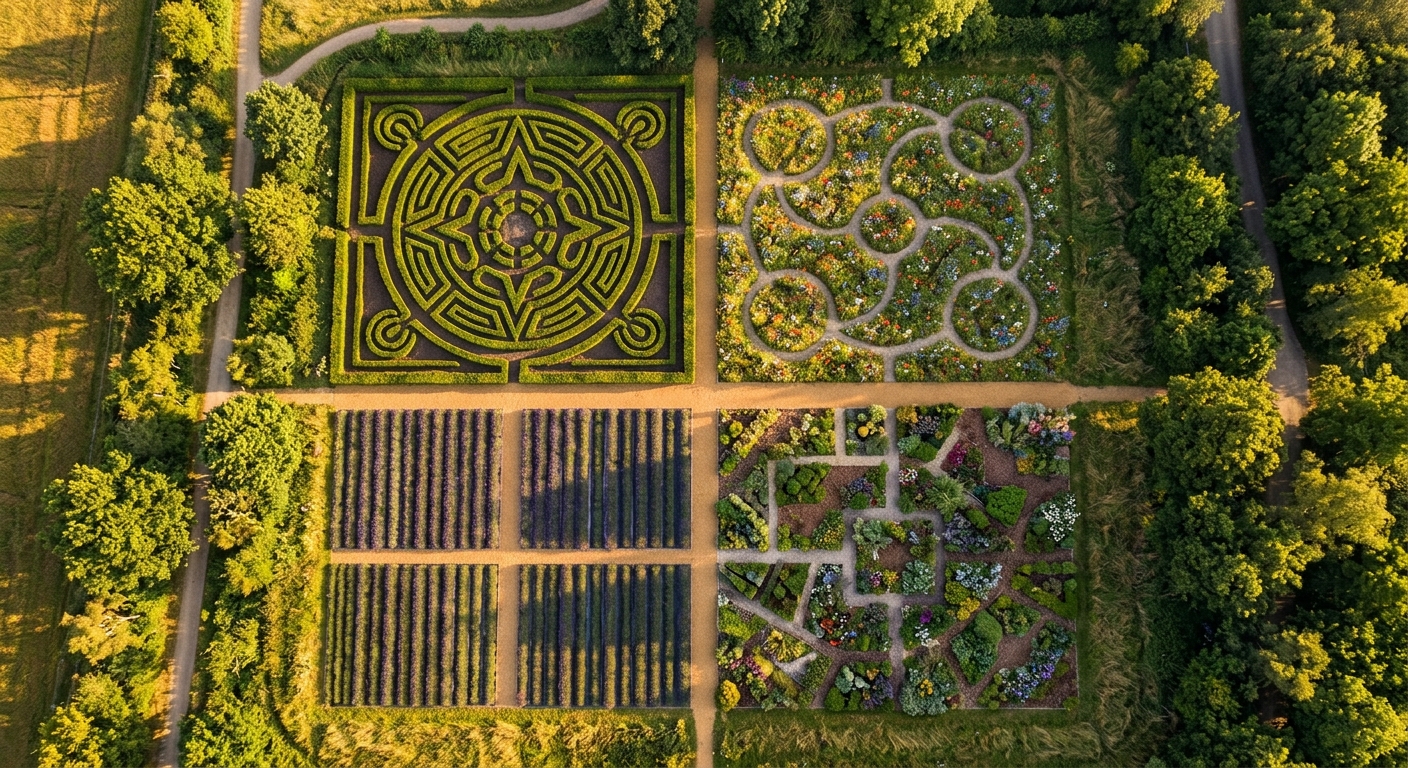 Aerial view of four garden patterns representing secure anxious avoidant disorganized attachment styles