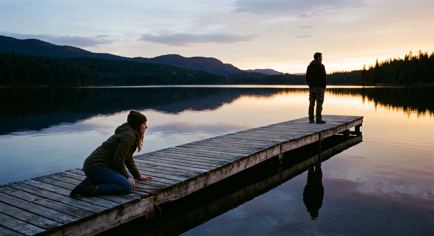 Anxious and avoidant partners on a dock showing the pursue-withdraw cycle dynamic