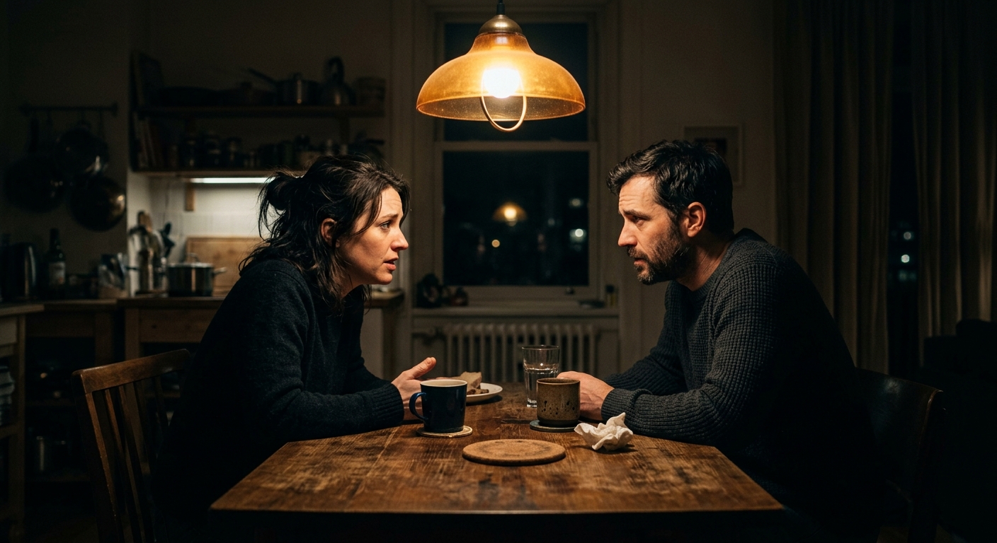 Couple having a vulnerable late-night conversation about financial conflict in long-term relationship