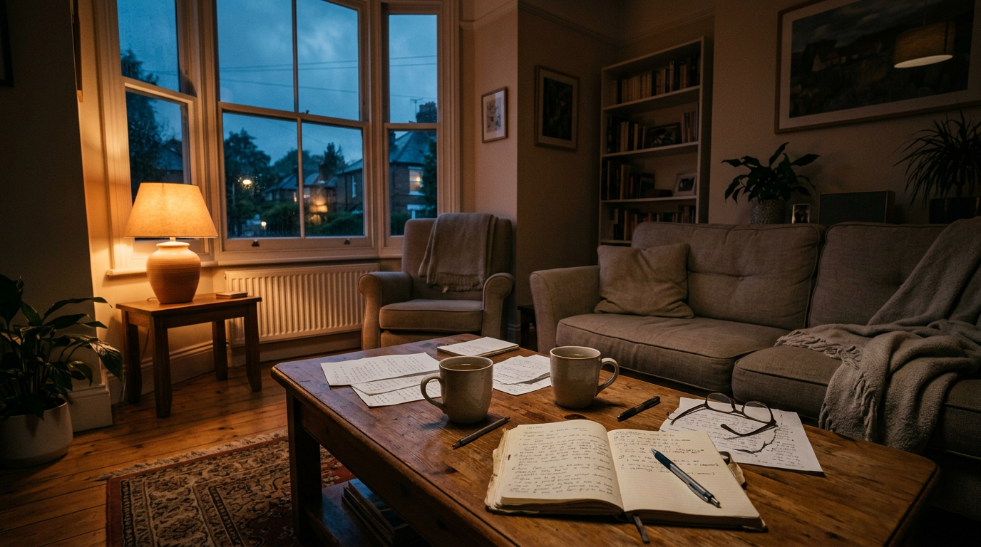 Structured couple conversation tools laid out on a table — question sets and notebooks in warm light