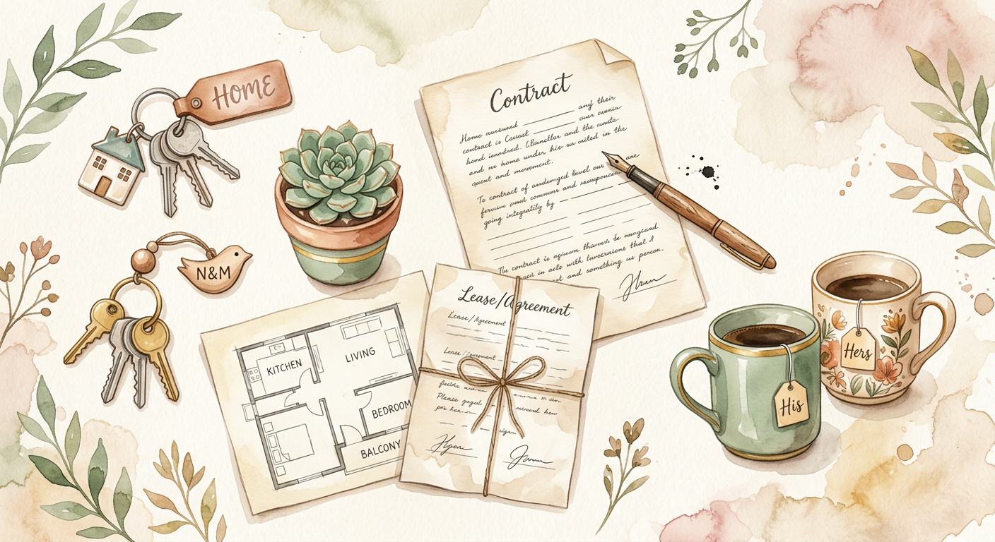 Overhead flat-lay of cohabitation agreement documents and house keys for unmarried couples