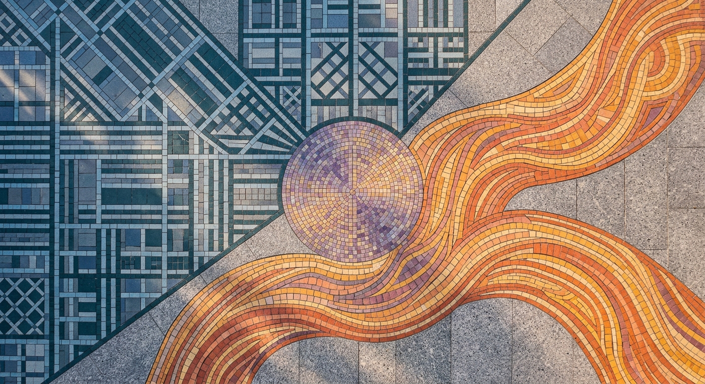 Abstract aerial view of structured and organic pathways merging — couples therapy tools and conflict resolution worksheets