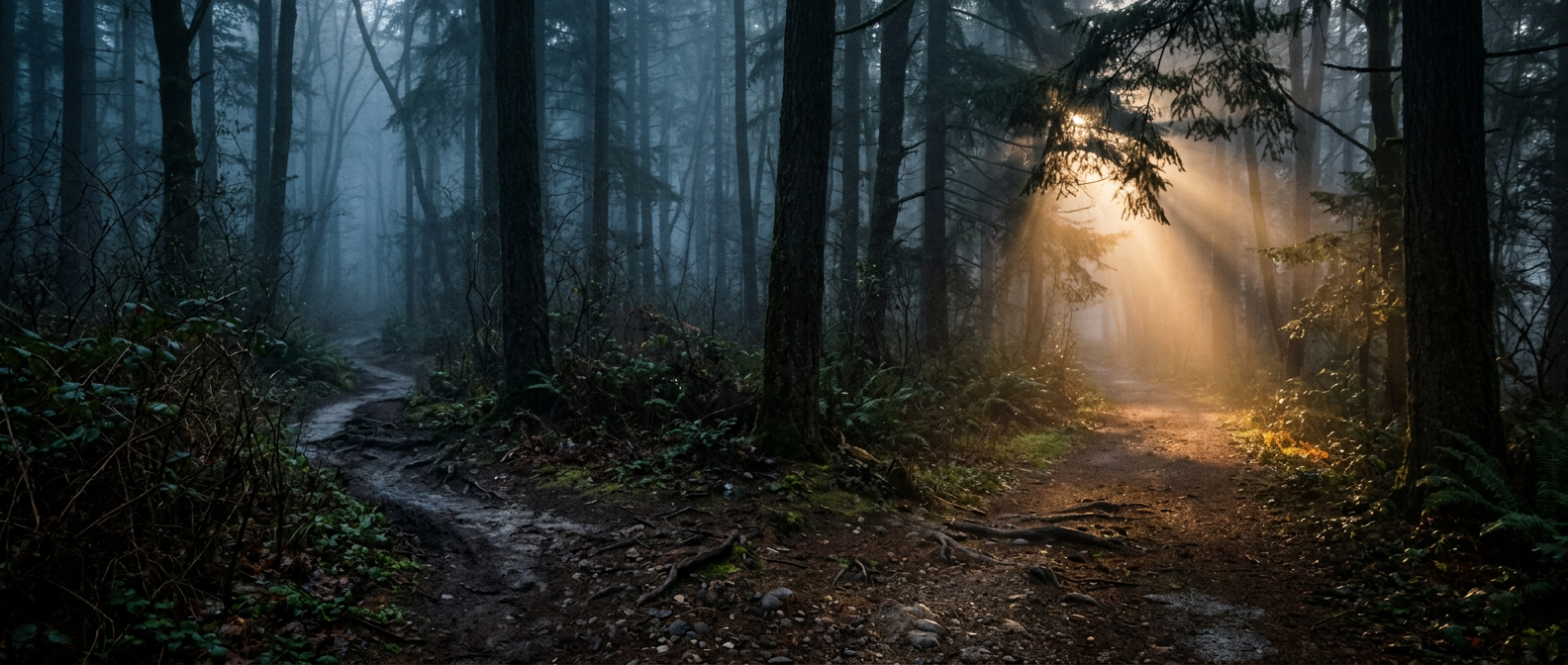 Two diverging forest paths symbolizing couples therapy vs self-guided conflict resolution choice