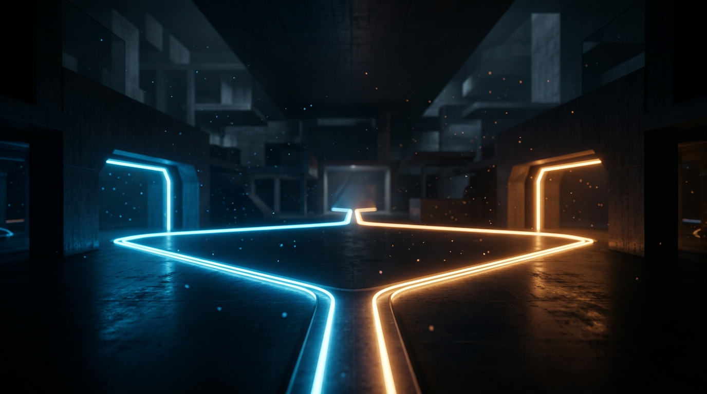 Two glowing diverging pathways evoking pursuer-withdrawer conflict styles in relationships