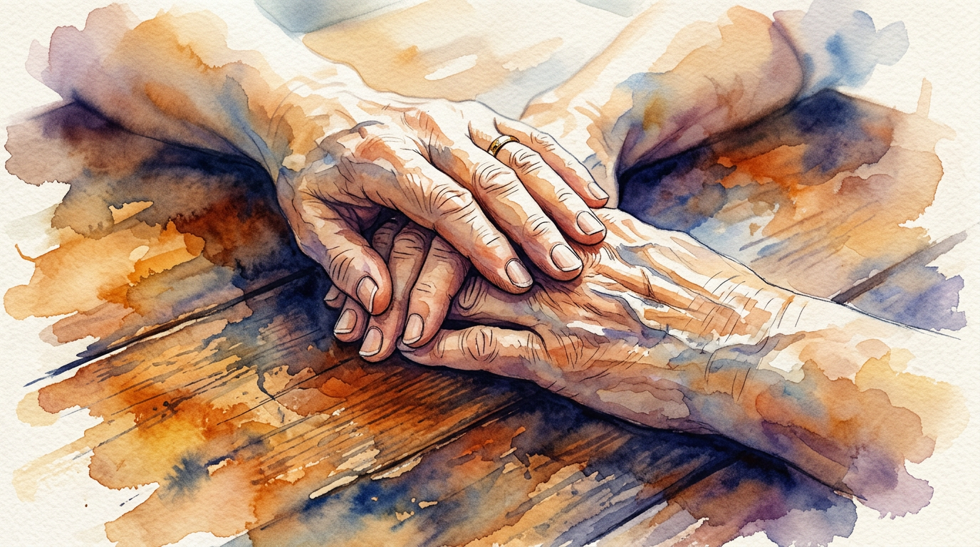 Macro watercolor of two hands touching, symbolizing vulnerability in relationships and commitment signals