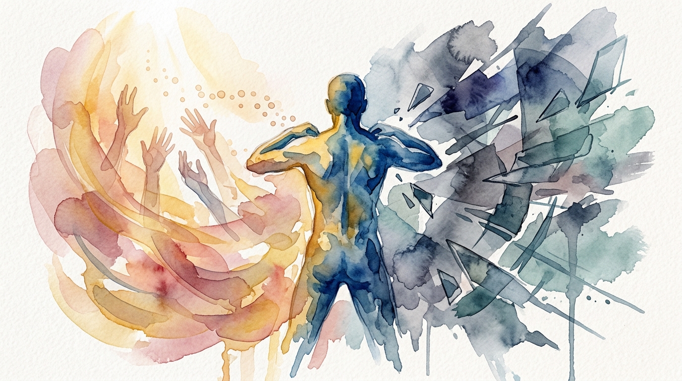 Disorganized attachment duality — figure torn between warmth and fear in watercolor