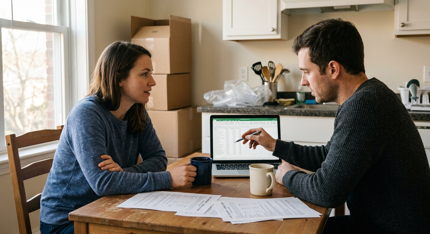 Couple reviewing rent splitting models and joint account options before signing lease