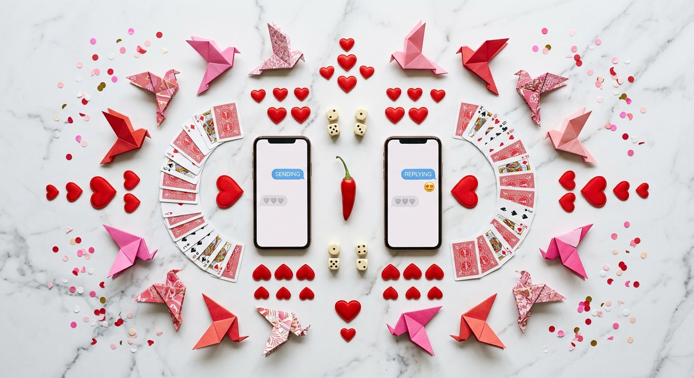 Overhead flat-lay of phones and playful objects symbolizing flirting and romantic banter
