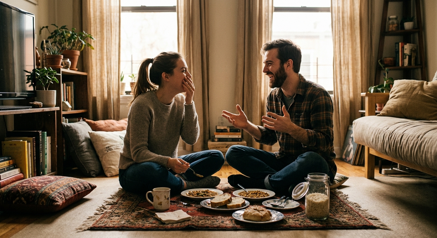 Couple laughing during playful communication exercise with question jar, psychological safety