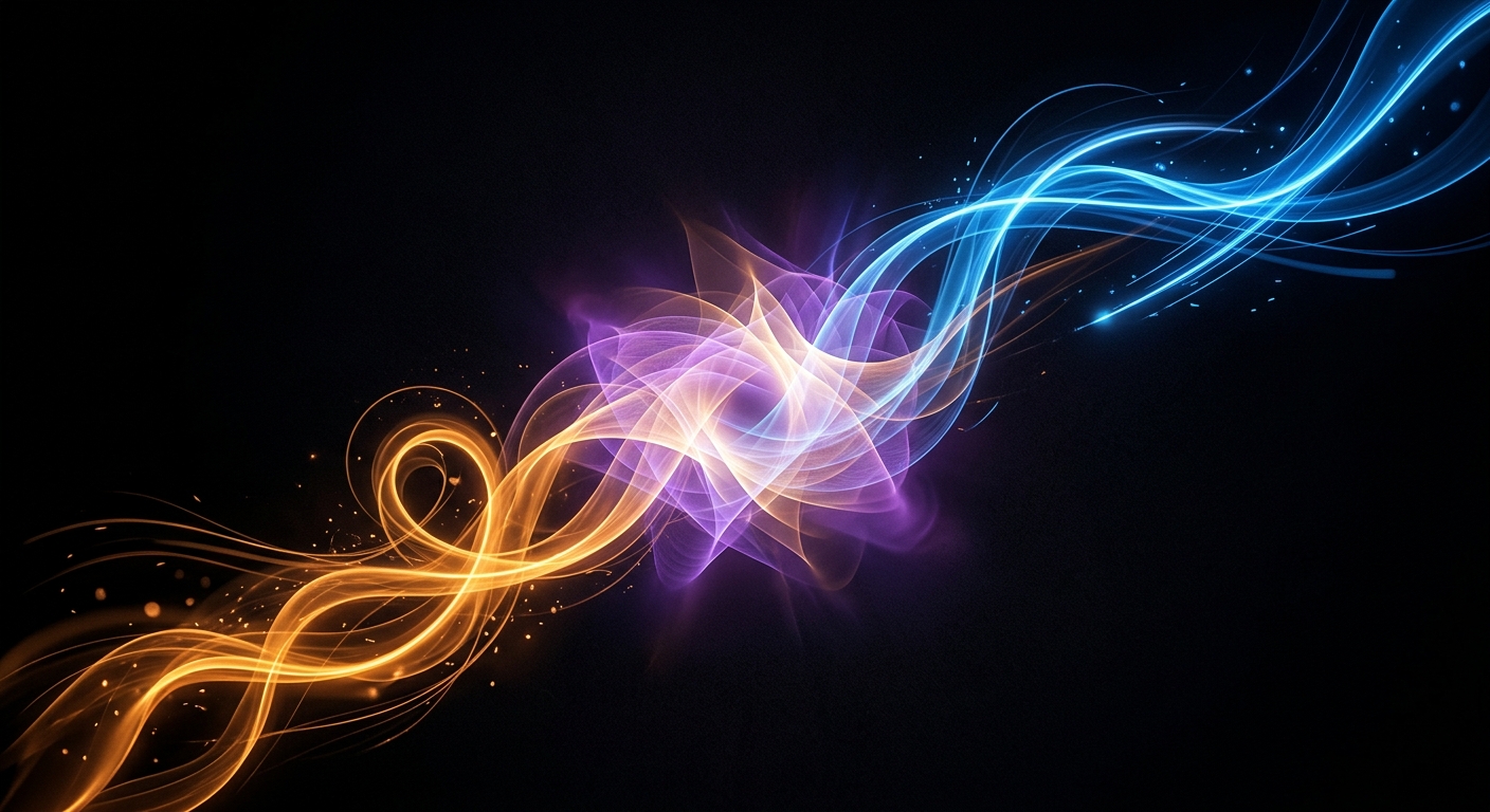 Playfulness and intimacy as flowing light streams merging — long-term couples bonding through humor