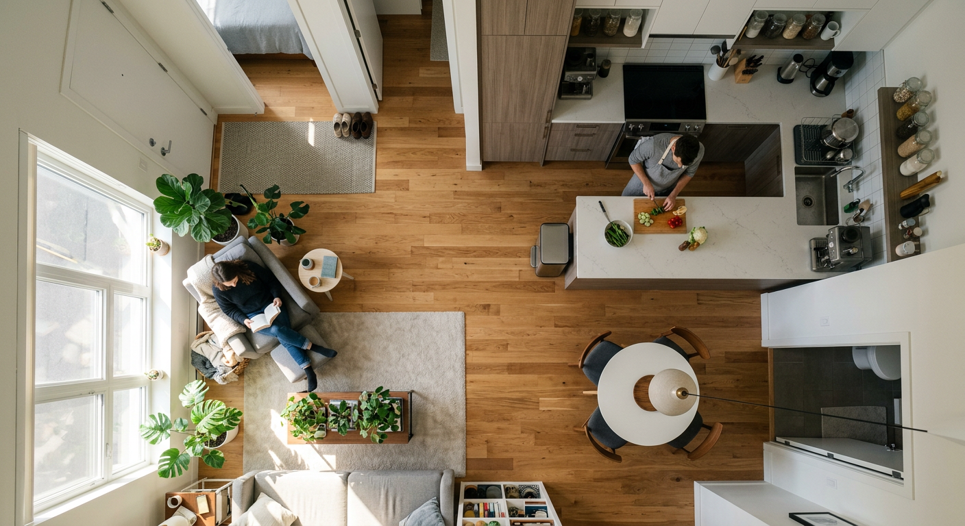 Aerial view of couple navigating personal space and cohabitation habits in shared apartment