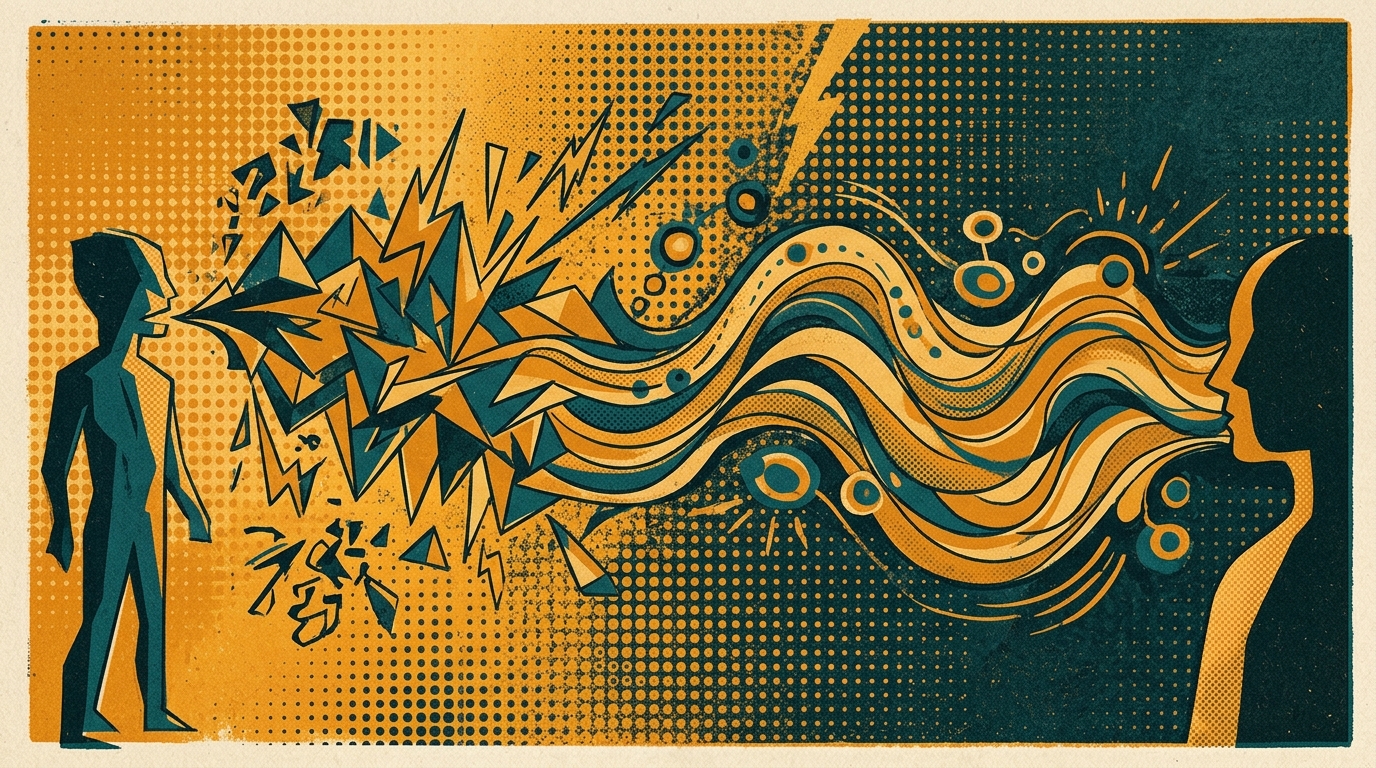 Duotone illustration of conflict de-escalation through active listening and open dialogue flow