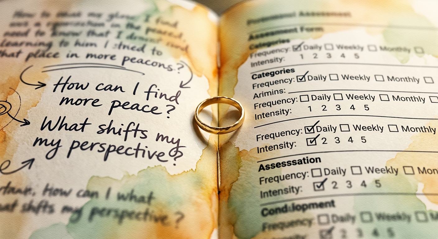 Couple reviewing PREPARE/ENRICH premarital counseling workbook and question list together