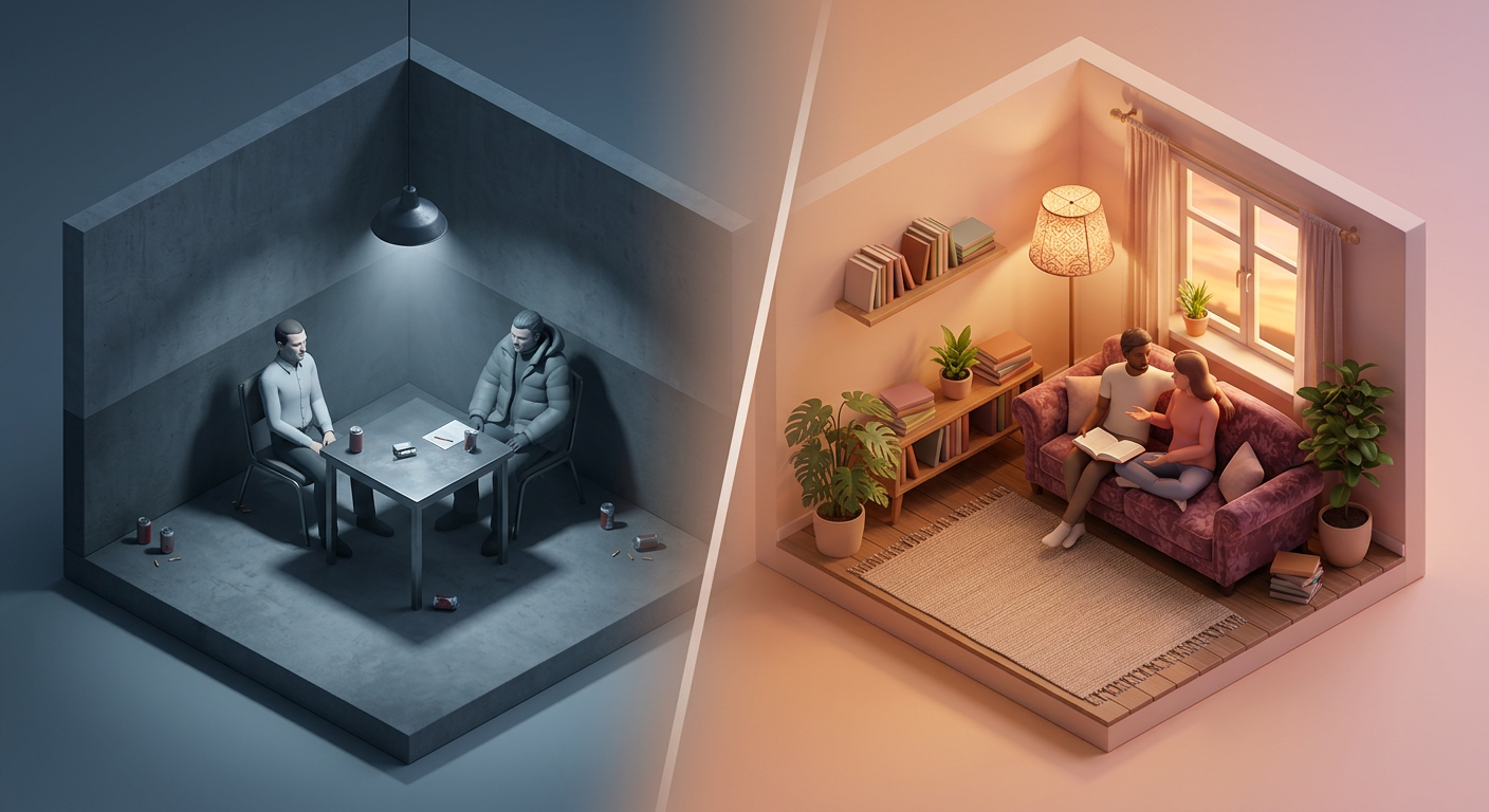 Isometric contrast of interrogation vs emotional intelligence in relationship conversation
