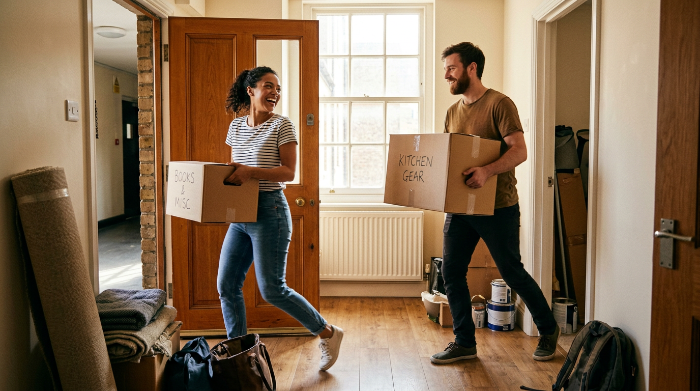 Couple carrying moving boxes into apartment — cohabitation decision-making moment