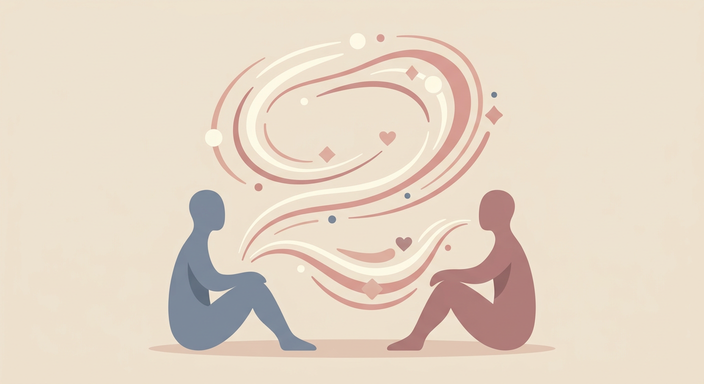 Two figures in flowing conversation representing emotional intimacy and couples communication before marriage