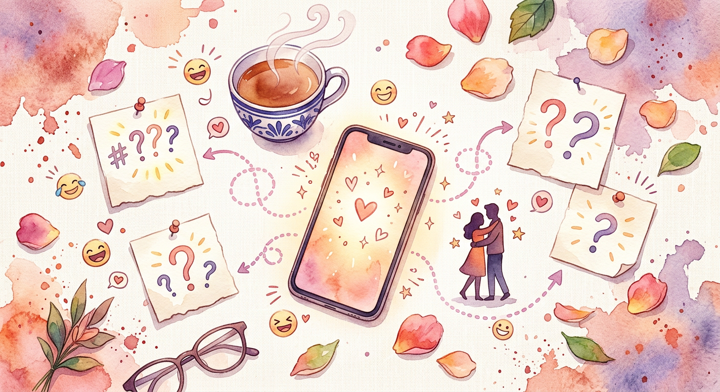 Overhead flat-lay of a phone and banter notes showing flirting and text messaging humor