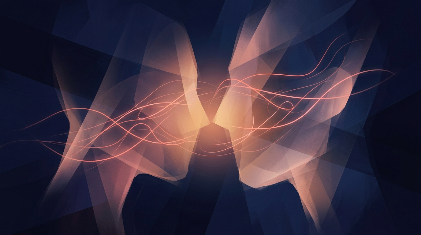 Abstract art showing emotional intimacy through converging warm light forms on dark background