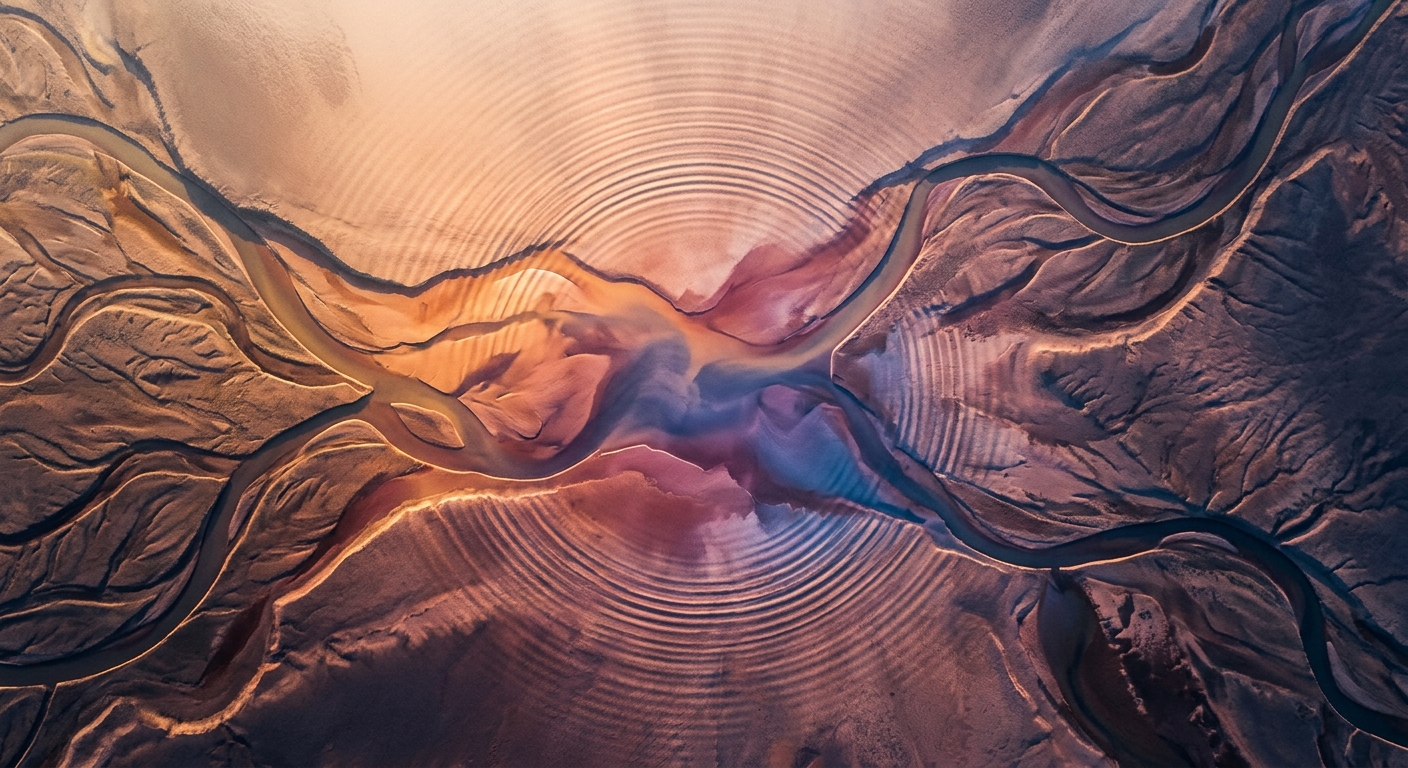 Aerial abstract pattern of two converging paths symbolizing long-term couples reconnection