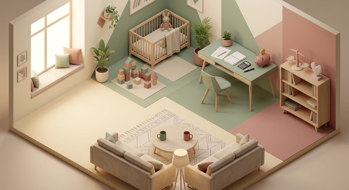 Isometric illustration of a couple's shared space showing premarital counseling topics and lifestyle alignment zones